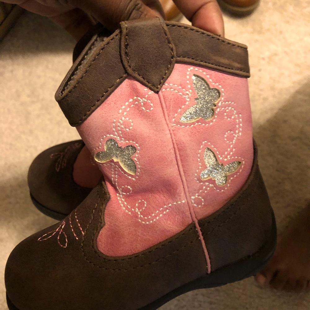 Toddler girl brown cowboy silver butterfly boots